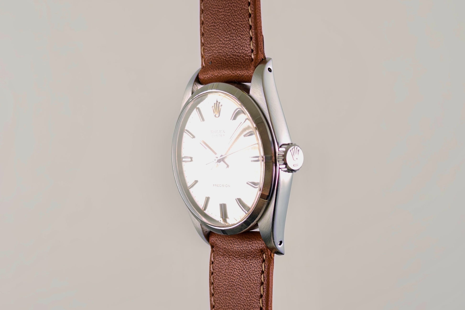 Rolex Oyster Precision 6426 seen at an angle, showing the steel case and crown