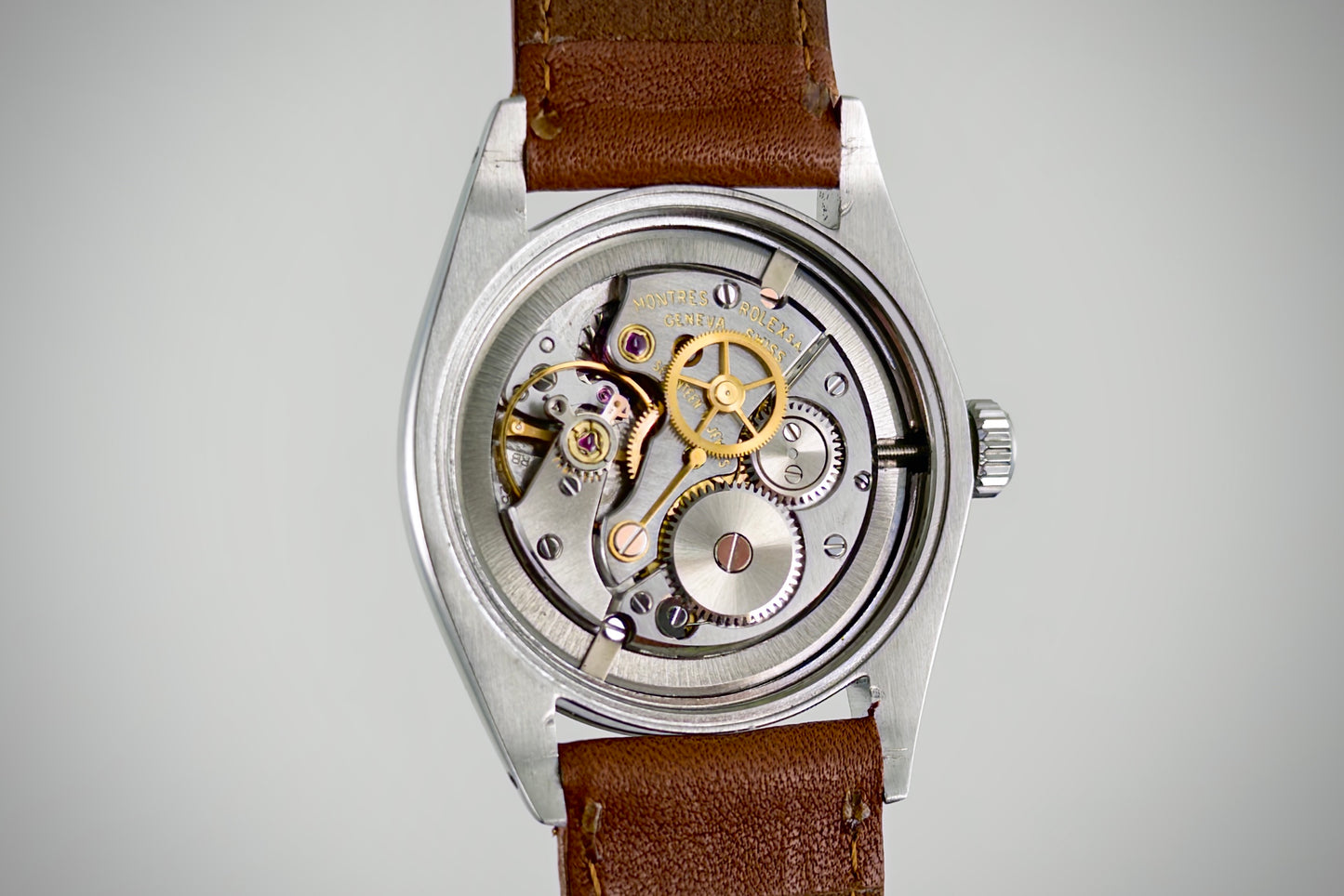 Manual-winding movement of the Rolex Oyster Precision 6426 with the caseback removed