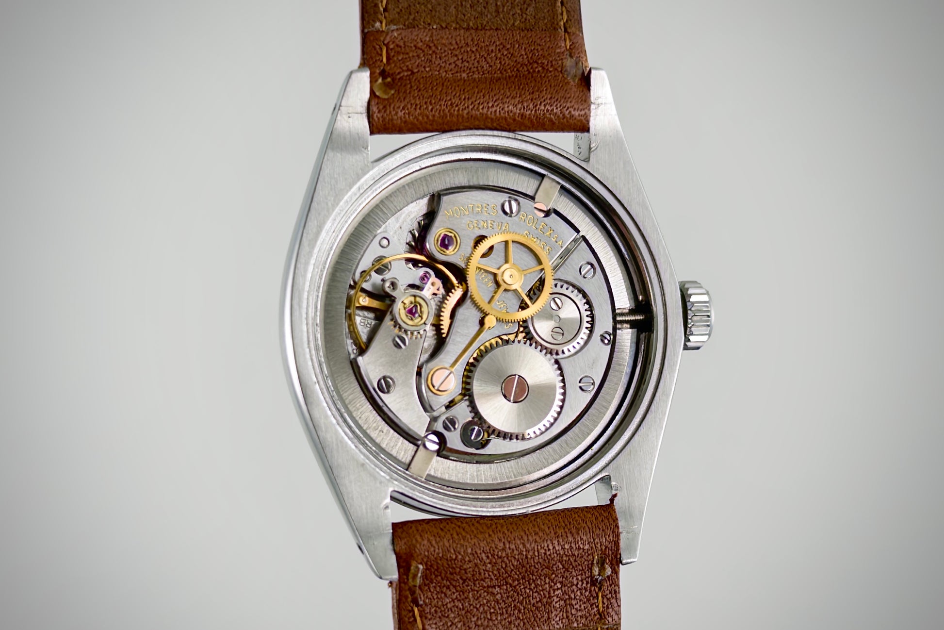 Manual-winding movement of the Rolex Oyster Precision 6426 with the caseback removed