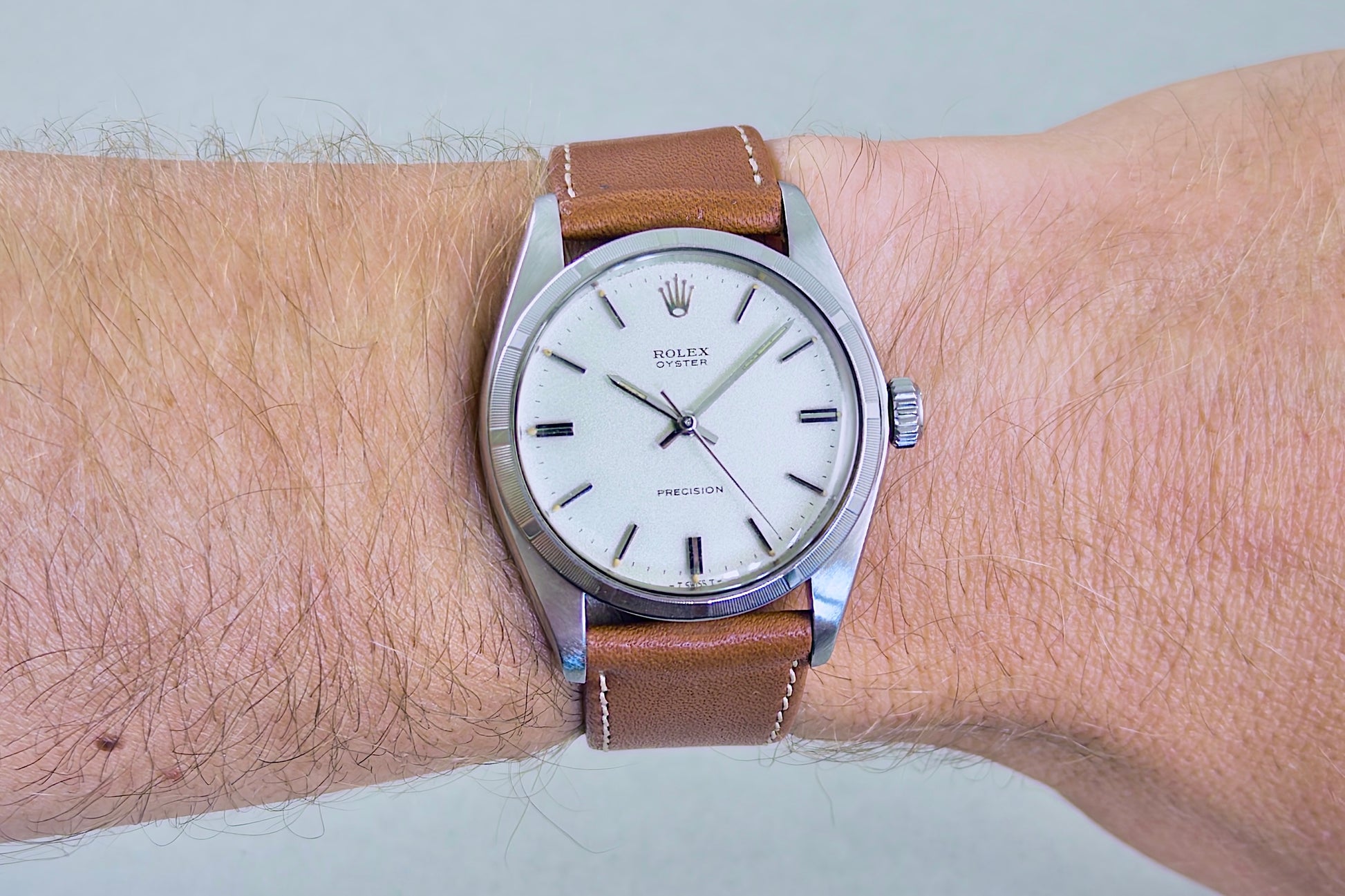 Rolex Oyster Precision 6426 worn on the wrist on its brown leather strap