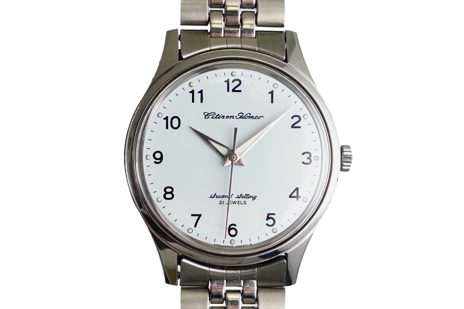 Citizen Homer Second Setting from 1977 with white dial and steel beads-of-rice bracelet