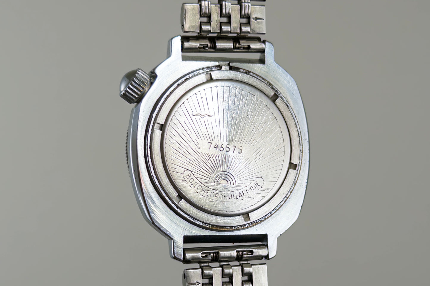 Engraved caseback of the Vostok Komandirskie with its Soviet-era serial number
