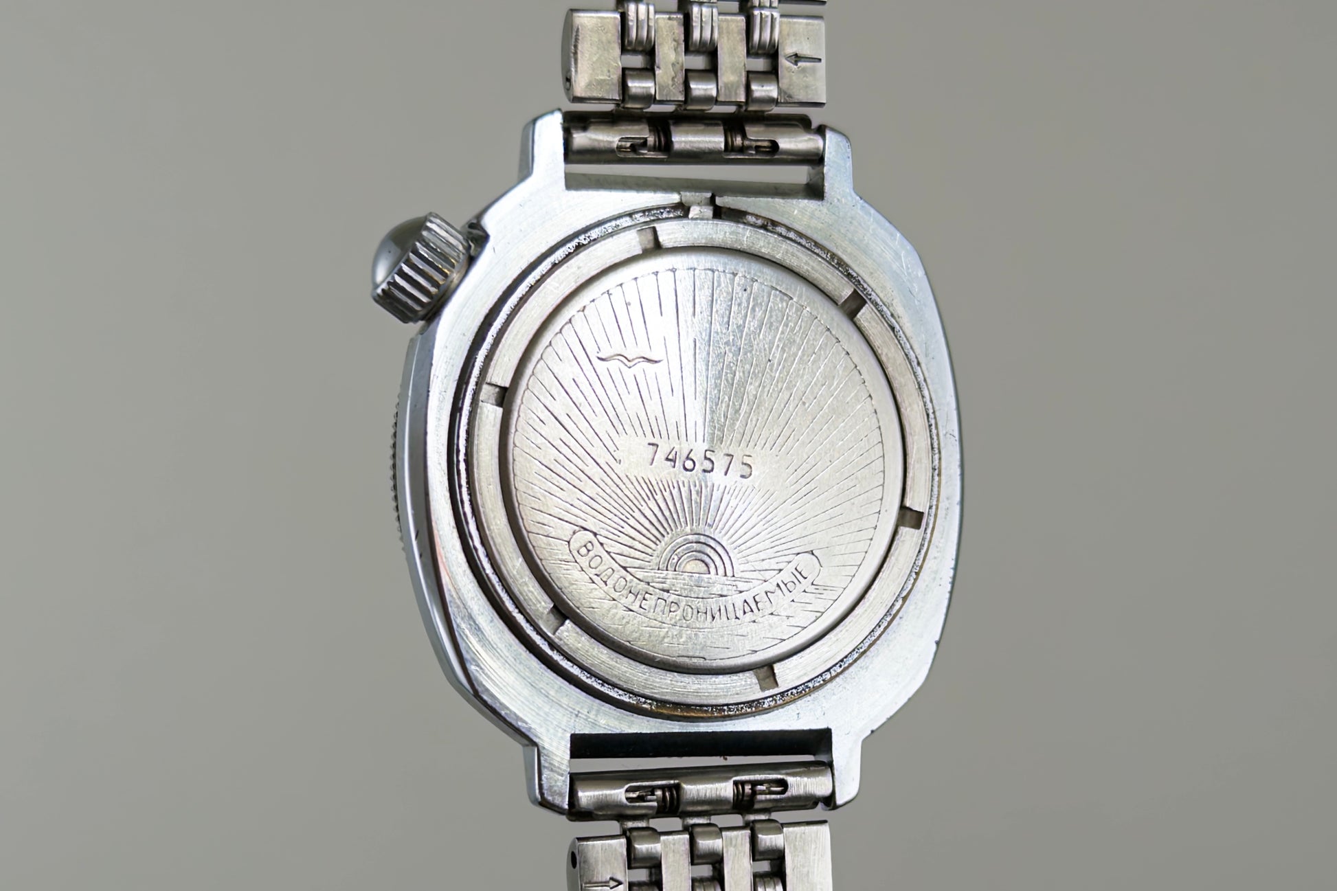 Engraved caseback of the Vostok Komandirskie with its Soviet-era serial number