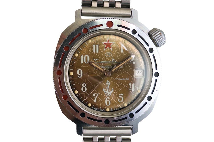 Vostok Komandirskie Tropical Spider circa 1980 with tropical brown dial, red star and steel bracelet