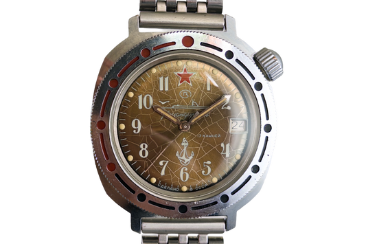 Vostok Komandirskie Tropical Spider circa 1980 with tropical brown dial, red star and steel bracelet